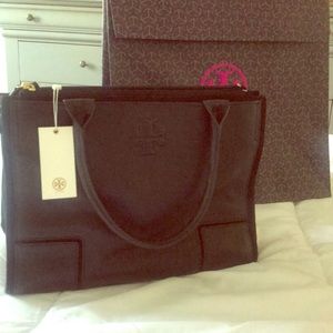 Tory Burch Black Ella Leather and Canvas Tote